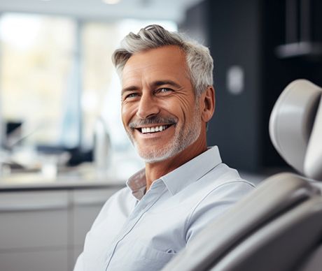 Middle-aged man smiling in the dentist’s chair with CEREC crowns in Vienna